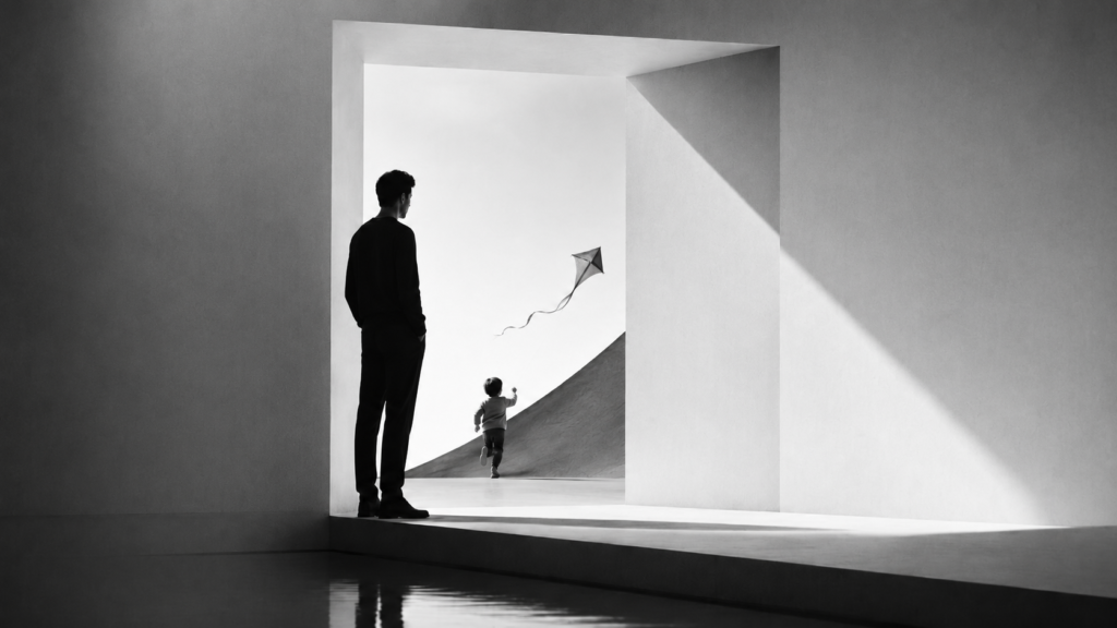 Man standing and observing a child play